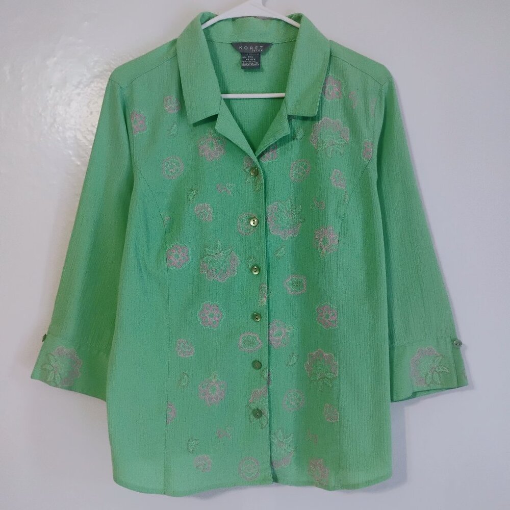 Koret XLP Green Floral Button Front Blouse 3/4 Sleeve Petite